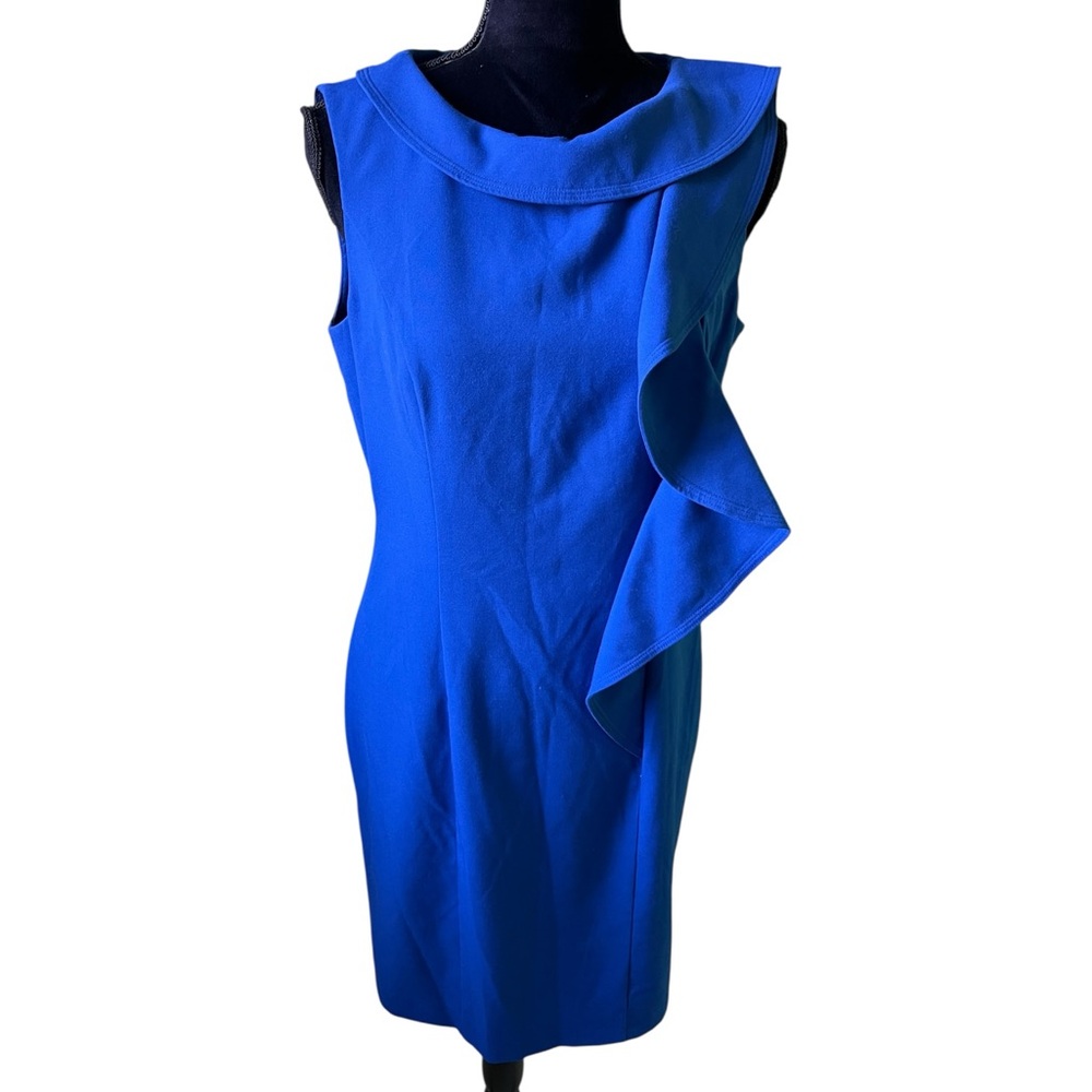 Calvin Klein Royal Blue Flutter Neck Sleeveless Shift Sheath Dress Womens 8